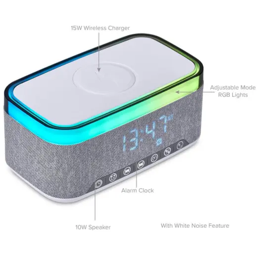Serendipio Cumberland 10W Bluetooth Speaker Wireless Charger & Clock Features